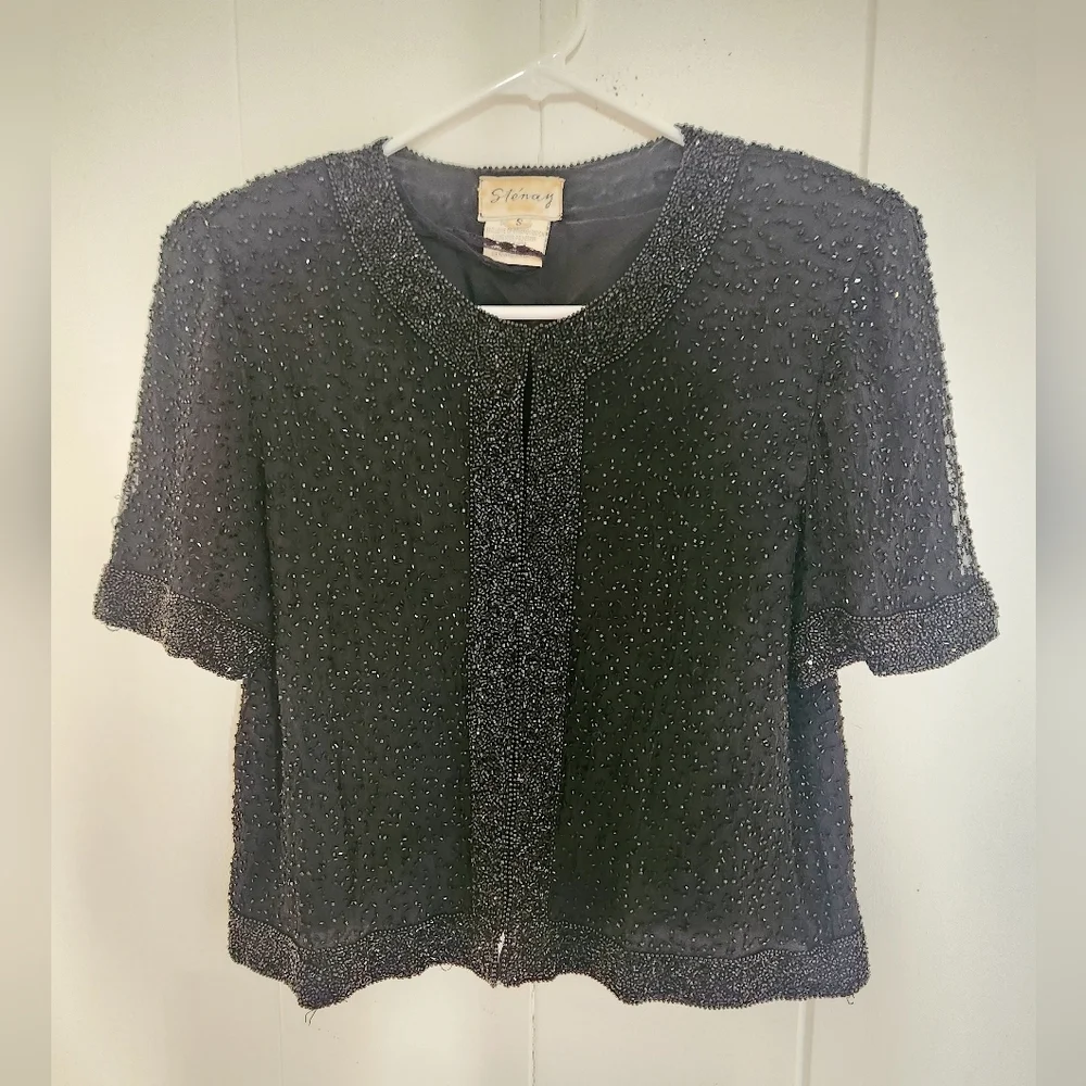 Vintage Stenay Women's Silk Sequin Beaded Blazer Black Small Lined Jacket Swifty